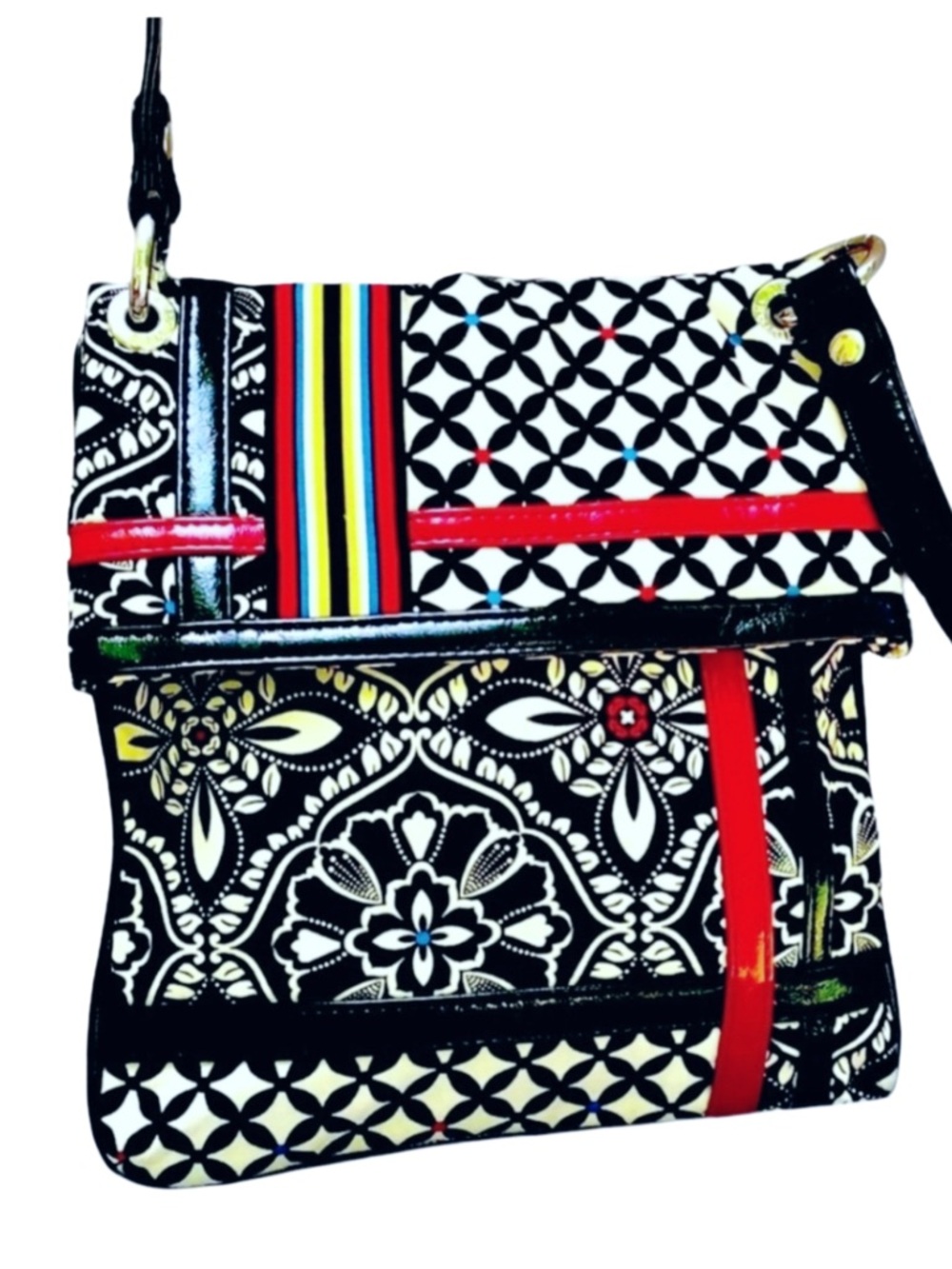 Vera Bradley Black/White Barcelona Print Fold Over Crossbody Bag